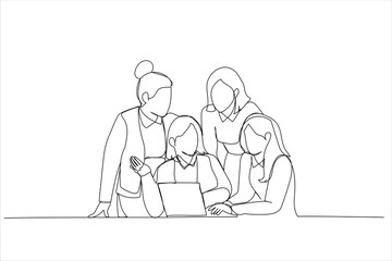 Illustration of corporate female team collaborate at office interacting brainstorming. One line style art