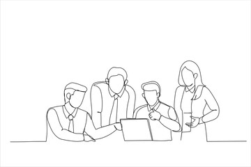 Cartoon of business people working together on new project looking at statistics on laptop. Continuous line art style