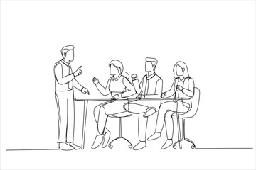 Drawing of executive leading corporate briefing with diverse employees in boardroom. Single continuous line art