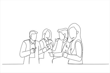 Illustration of young woman holding cup of coffee and looking at camera while her colleagues discussing something in the background. One continuous line art style