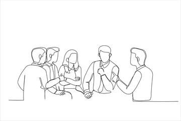 Cartoon of Meeting Of Support Group. Single continuous line art style