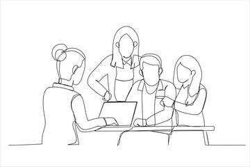 Drawing of business colleagues in team casual discussion, startup project business meeting. Single line art style