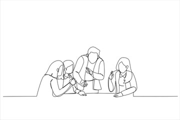 Cartoon of boss work cooperate with diverse team at office briefing. Single continuous line art style
