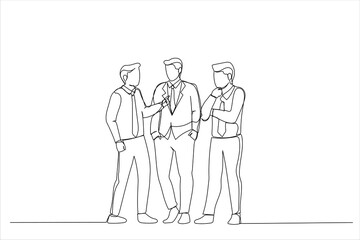 Drawing of business people in formalwear discussing something and gesturing. Single line art style