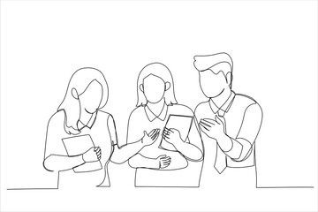 Illustration of designer communicating with orderers standing in coworking space. One line style art