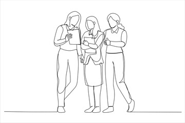 Fototapeta na wymiar Drawing of businesswomen discussing over paperwork against railing. Single continuous line art