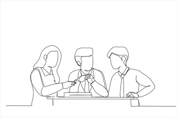 Cartoon of business people discuss the deal. Continuous line art style