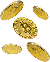 Golden coin with bitcoin symbol isolated on white background, Shiny golden physical...