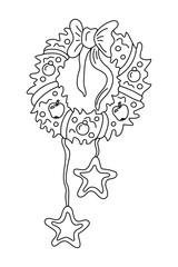 Fototapeta premium Christmas wreath with apples and stars. Coloring page. Line art vector illustration.
