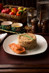 Chaufa chinese fried rice with fried fish Buffet table Peruvian comfort restaurant gourmet food