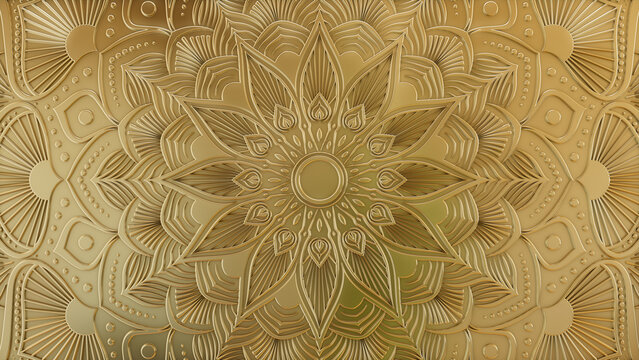Gold Surface with Extruded Ornate Pattern. Three-dimensional Diwali Celebration Wallpaper.