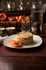 Chaufa chinese fried rice with fried fish Buffet table Peruvian comfort restaurant gourmet food