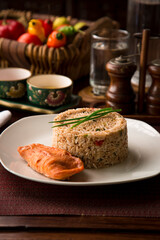 Chaufa chinese fried rice with fried fish Buffet table Peruvian comfort restaurant gourmet food