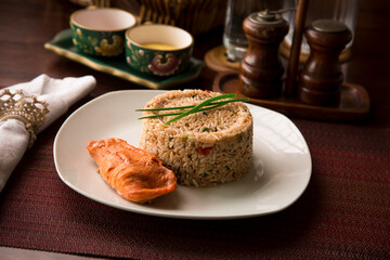 Chaufa chinese fried rice with fried fish Buffet table Peruvian comfort restaurant gourmet food