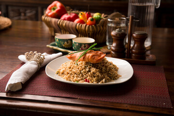Chaufa chinese fried rice with fried fish Buffet table Peruvian comfort restaurant gourmet food