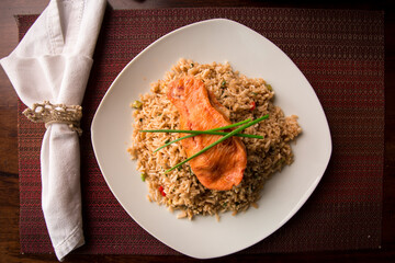 Chaufa chinese fried rice with fried fish Buffet table Peruvian comfort restaurant gourmet food