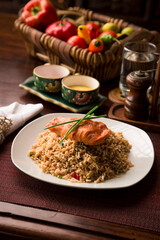 Chaufa chinese fried rice with fried fish Buffet table Peruvian comfort restaurant gourmet food