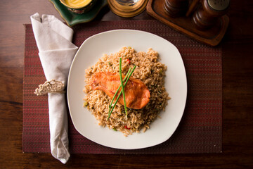Chaufa chinese fried rice with fried fish Buffet table Peruvian comfort restaurant gourmet food