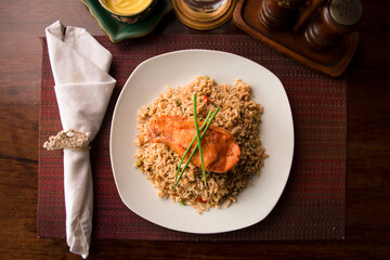 Chaufa chinese fried rice with fried fish Buffet table Peruvian comfort restaurant gourmet food