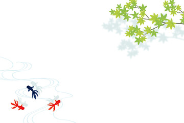 Background frame illustration with green maple branches and goldfish