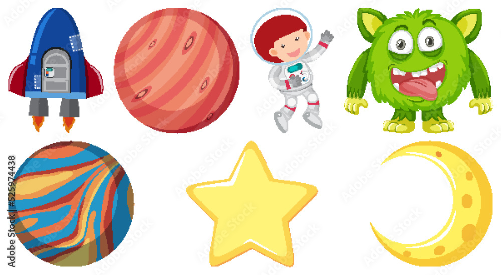 Wall mural set of space cartoon characters and objects