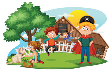 Farm scene with kids cartoon character