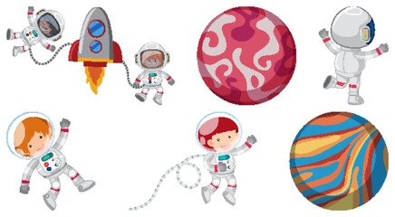 Set of space cartoon characters and objects