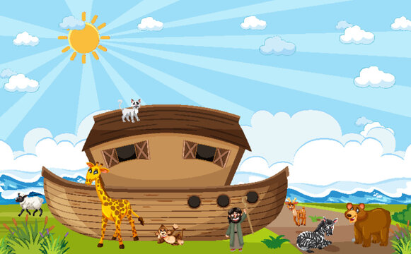 Noah's Ark with wild animals in nature scene