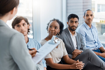 Recruitment, hiring and future business people in job interview waiting in line for human resources...