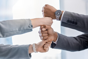 Teamwork, partnership and support handshake in business with man and woman fists together in office. Corporate company, motivation and successful employees after global development project goals