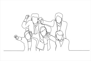 Drawing of group of salesman and woman who look up. Single line art style
