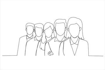 Cartoon of happy business team standing in a row at office. Single continuous line art style