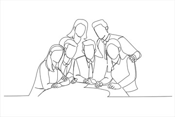 Illustration of business team posing grouped around manager. One line art style