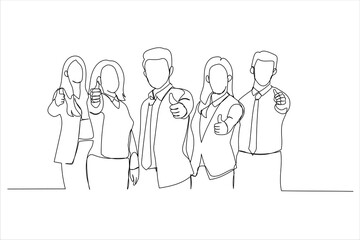 Drawing of business leaders with employees group showing thumbs up looking at camera. Single line art style