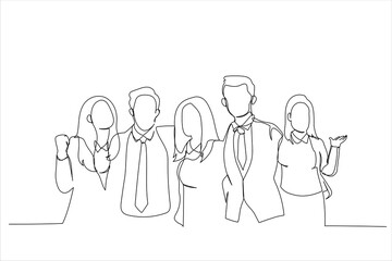 Drawing of successful business team together. Single line art style