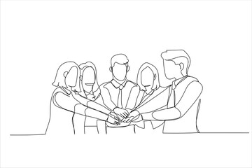 Illustration of picture of happy business team celebrating victory in office. One line style art