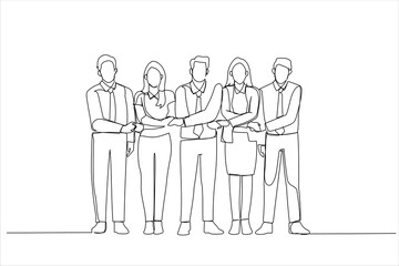 Cartoon of group of business people holding hands. Continuous line art style