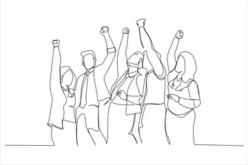 Drawing of diverse group huddle and high five hands together in office workshop. Single line art style