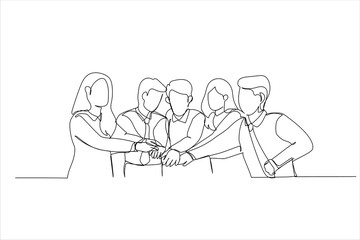 Illustration of happy business team celebrating victory in office. One line art style
