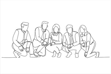 Cartoon of business team squating after brainstorming session full of ideas. Single continuous line art style