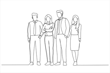 Cartoon of confident business team stands in office. Continuous line art