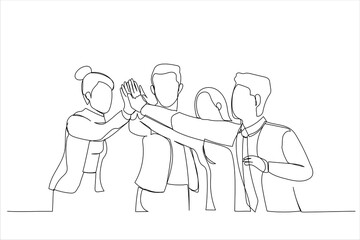 Drawing of Happy coworkers staff members friendly associates give high five celebrating achievement. Single continuous line art