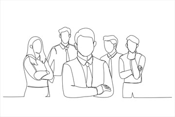 Illustration of group of friendly businesspeople with male leader in front. One continuous line art style