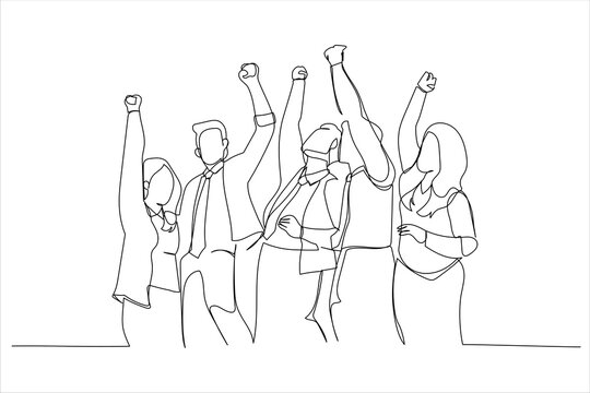 Drawing Of Diverse Group Huddle And High Five Hands Together In Office Workshop. Single Line Art Style