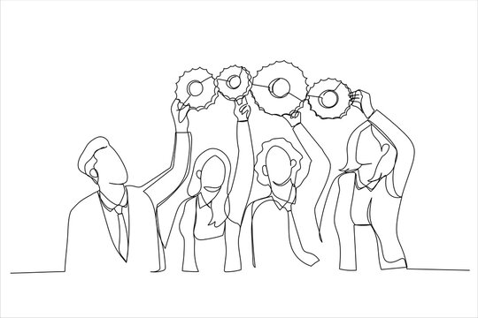 Drawing Of Colleagues Connect Cog Gear Find Business Solution. Happy Employees Workers Hold Cogwheel Engaged In Teamwork. Single Line Art Style