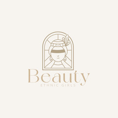 Beauty ethnic girls logo vector illustration with golden line art style concept