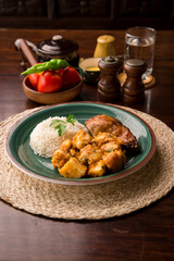 Roasted chicken with potato stew Peruvian comfort restaurant gourmet food