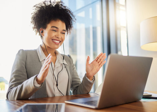 Webinar Meeting, Video Call With Business Woman On Laptop Doing Digital Work Presentation In Office Lens Flare. Happy Success Corporate Worker With Smile In Zoom Meeting For Global Technology Company