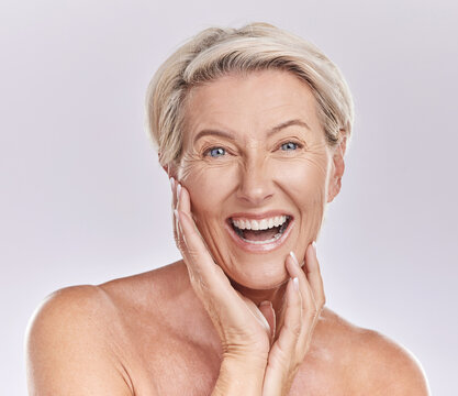 Skincare, beauty and wellness for mature skin, self care and body cosmetic of a happy, smile and healthy woman in studio. Portrait of excited, happy and smile model with clean face and complexion