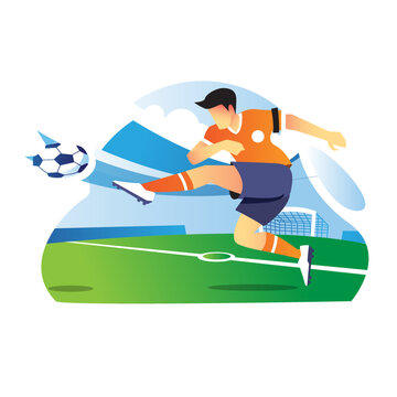 Soccer player kick the ball to make a score isolated illustration concept